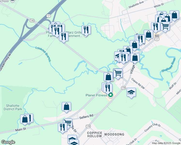 map of restaurants, bars, coffee shops, grocery stores, and more near in Shallotte