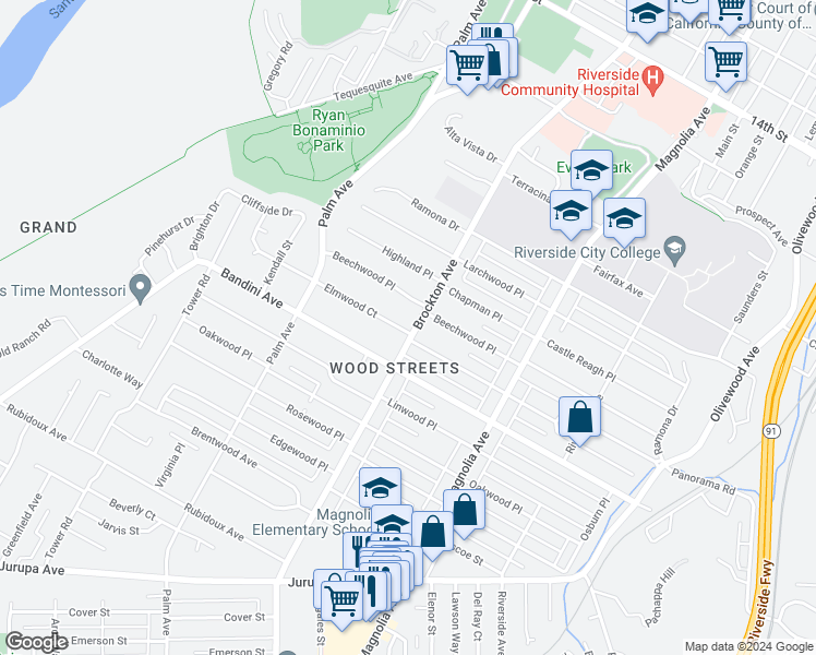 map of restaurants, bars, coffee shops, grocery stores, and more near 5291 Brockton Avenue in Riverside