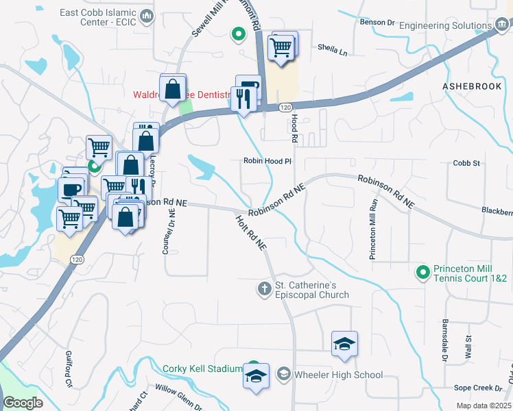 map of restaurants, bars, coffee shops, grocery stores, and more near 774 Mary Ann Drive in Marietta