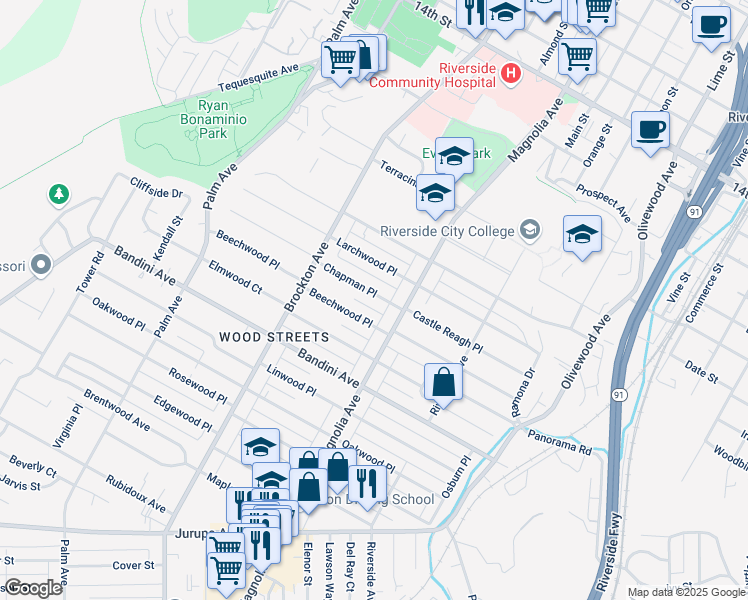 map of restaurants, bars, coffee shops, grocery stores, and more near 3921 Beechwood Place in Riverside