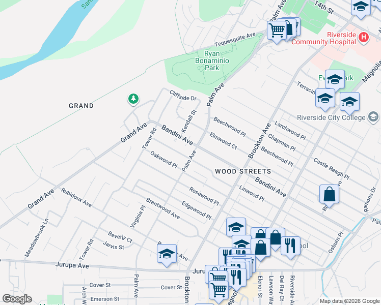 map of restaurants, bars, coffee shops, grocery stores, and more near in Riverside