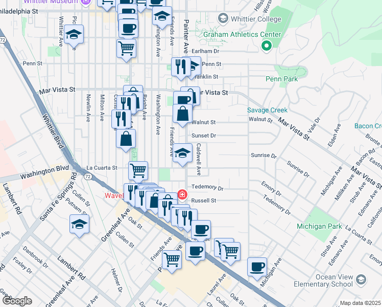 map of restaurants, bars, coffee shops, grocery stores, and more near 7931 Caldwell Avenue in Whittier