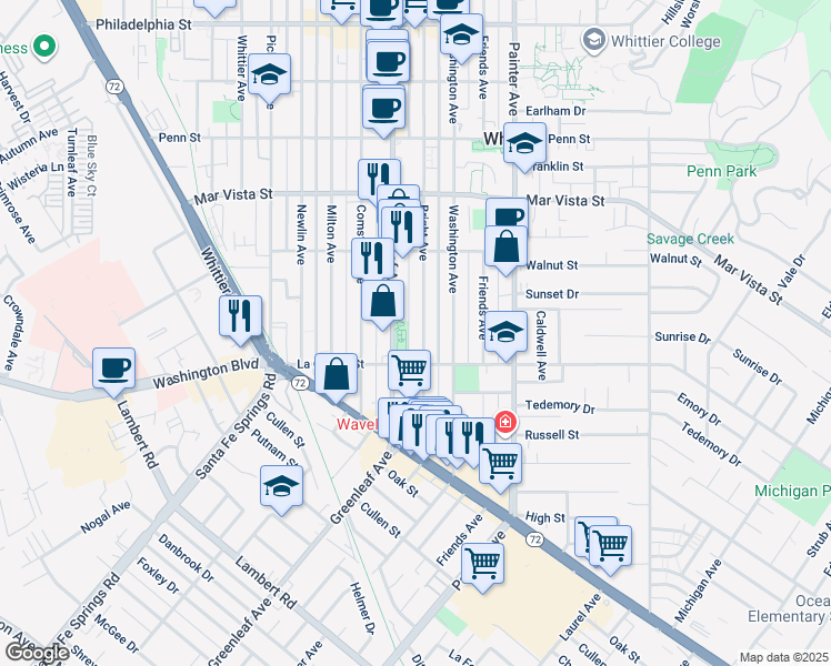 map of restaurants, bars, coffee shops, grocery stores, and more near 7935 Bright Avenue in Whittier