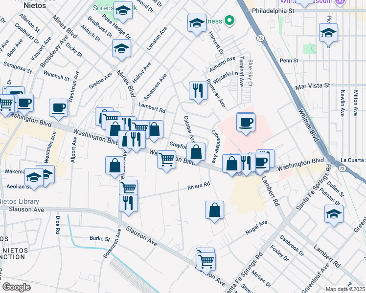 map of restaurants, bars, coffee shops, grocery stores, and more near 12052 Greyford Street in Whittier