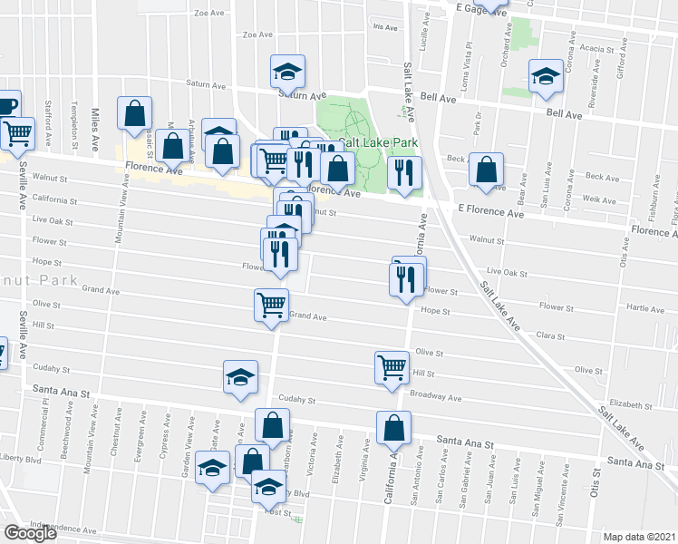map of restaurants, bars, coffee shops, grocery stores, and more near 3353 Flower Street in Huntington Park