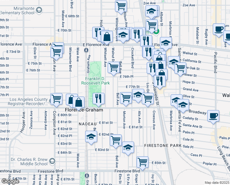 map of restaurants, bars, coffee shops, grocery stores, and more near 7729 Bell Avenue in Los Angeles