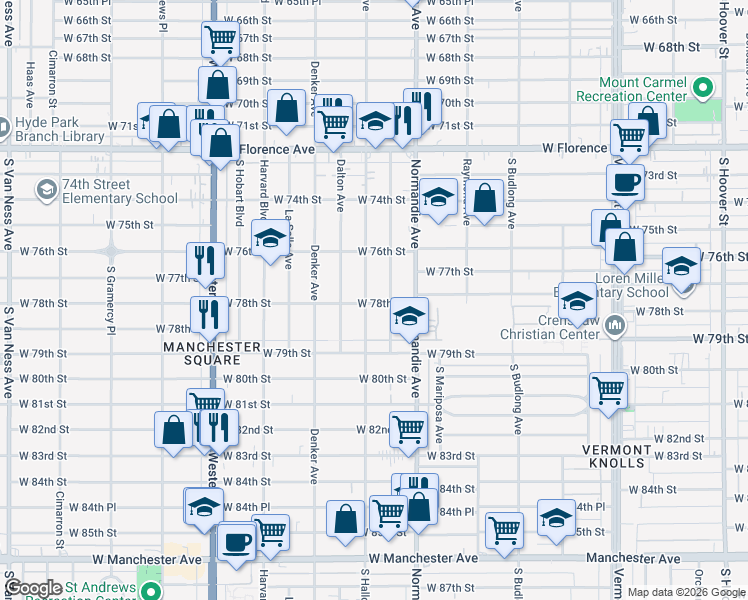 map of restaurants, bars, coffee shops, grocery stores, and more near 7802 South Halldale Avenue in Los Angeles