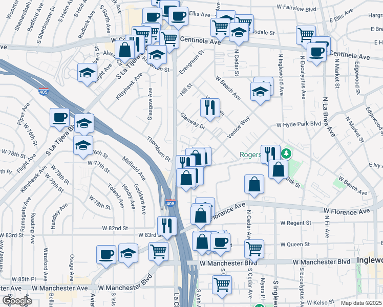 map of restaurants, bars, coffee shops, grocery stores, and more near 826 Austin Avenue in Inglewood