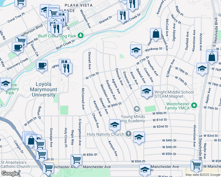 map of restaurants, bars, coffee shops, grocery stores, and more near 7837 Agnew Avenue in Los Angeles