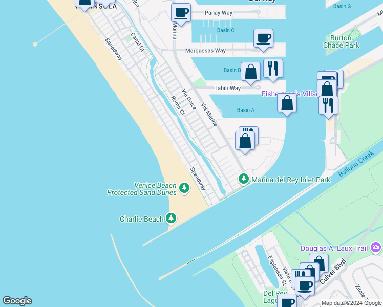 map of restaurants, bars, coffee shops, grocery stores, and more near 16 Spinnaker Street in Marina del Rey