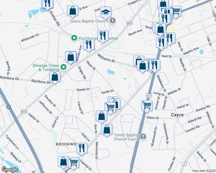 map of restaurants, bars, coffee shops, grocery stores, and more near 2 Steele Drive in West Columbia