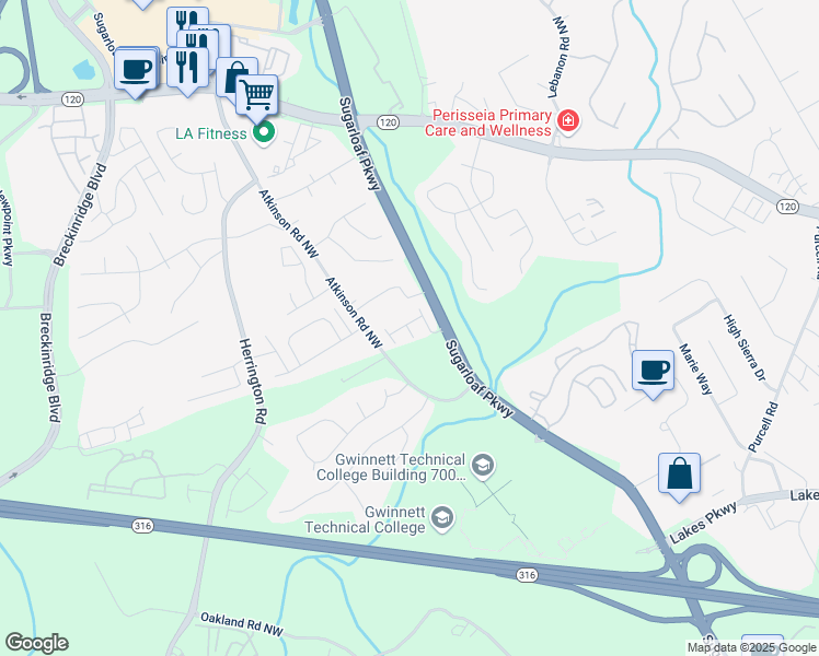 map of restaurants, bars, coffee shops, grocery stores, and more near 1600 Gardner Park Drive in Lawrenceville