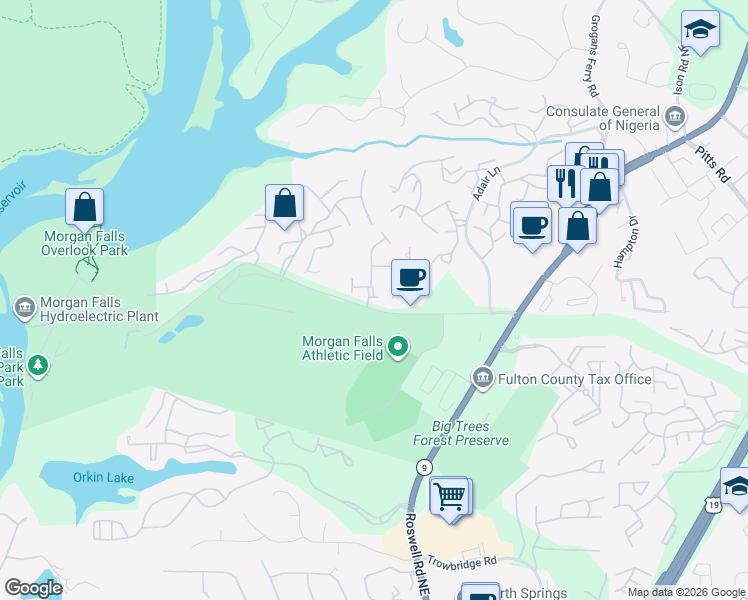 map of restaurants, bars, coffee shops, grocery stores, and more near 550 Morgan Falls Road in Atlanta