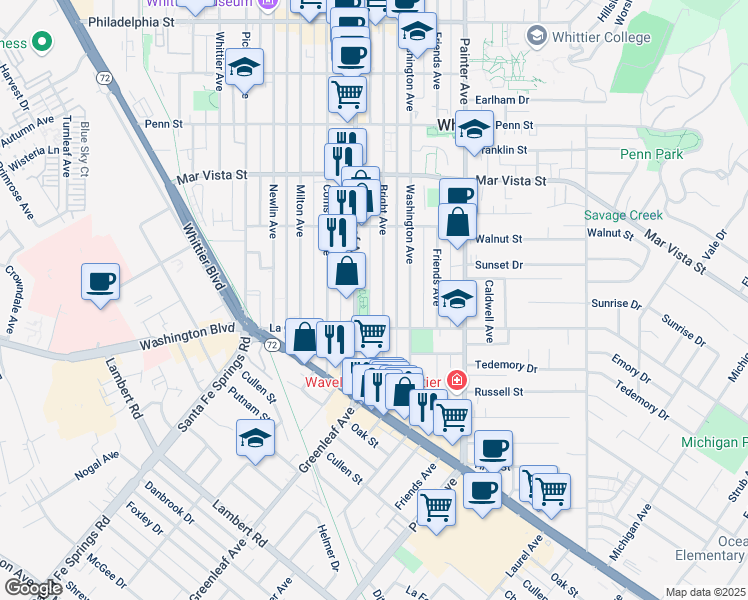 map of restaurants, bars, coffee shops, grocery stores, and more near 7929 Bright Avenue in Whittier