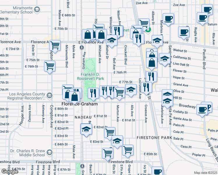 map of restaurants, bars, coffee shops, grocery stores, and more near 7729 Bell Avenue in Los Angeles