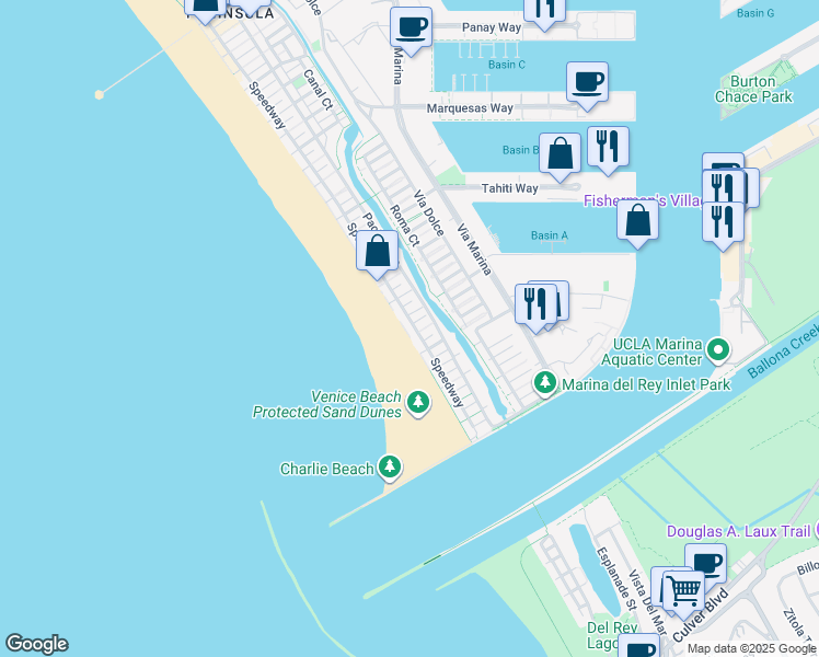 map of restaurants, bars, coffee shops, grocery stores, and more near 16 Spinnaker Street in Marina del Rey