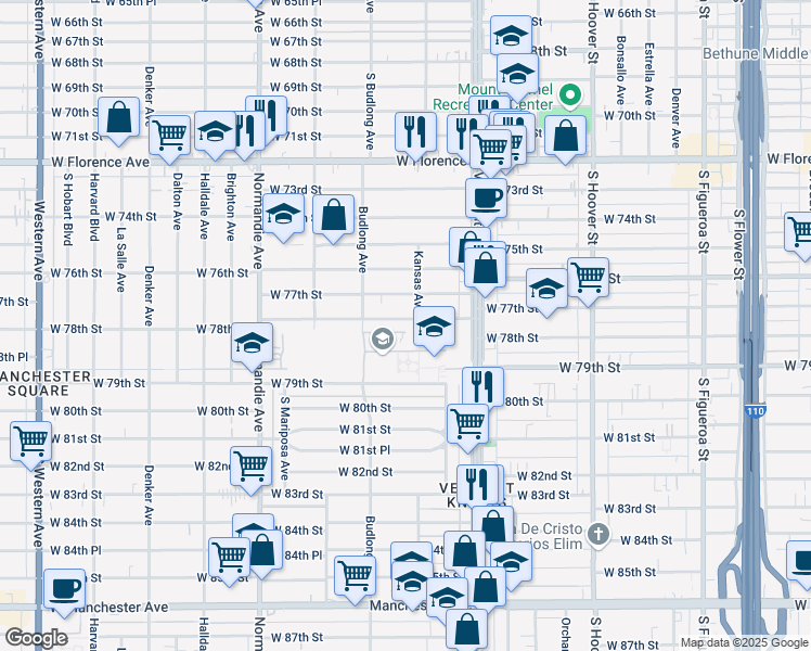 map of restaurants, bars, coffee shops, grocery stores, and more near 1112 West 78th Street in Los Angeles