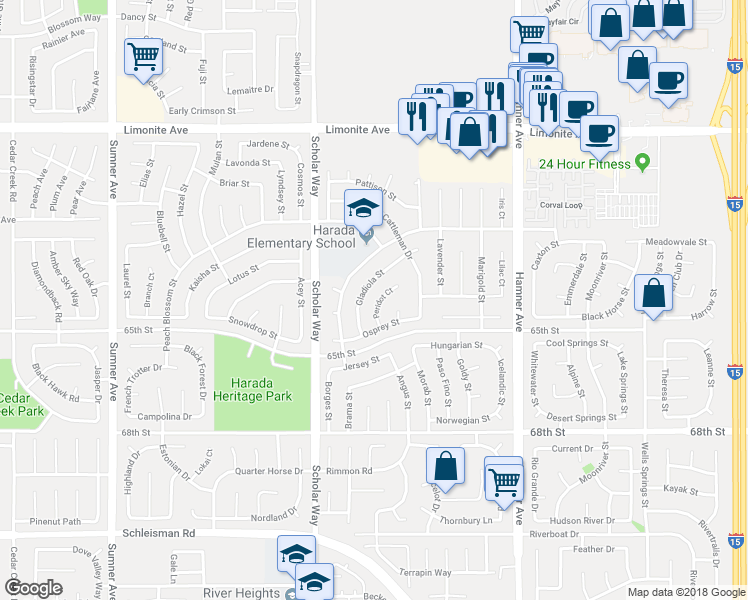 map of restaurants, bars, coffee shops, grocery stores, and more near 6523 Peridot Court in Corona