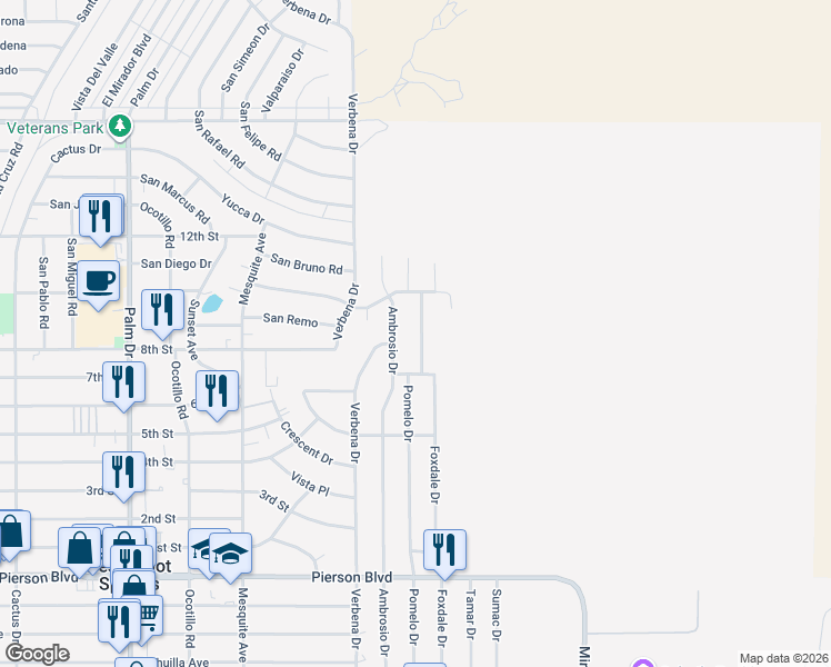 map of restaurants, bars, coffee shops, grocery stores, and more near 10865 Pomelo Drive in Desert Hot Springs