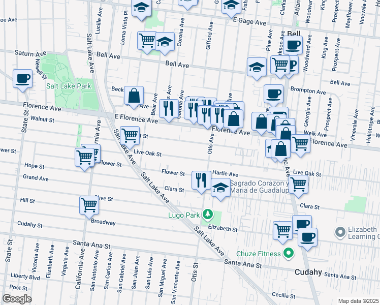 map of restaurants, bars, coffee shops, grocery stores, and more near 4035 1\2 Live Oak Street in Cudahy