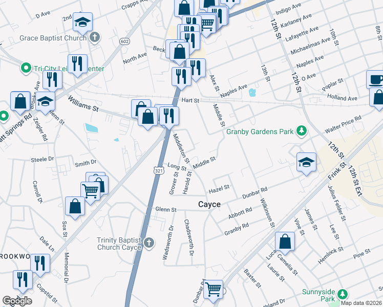 map of restaurants, bars, coffee shops, grocery stores, and more near 1745 Middleton Street in Cayce