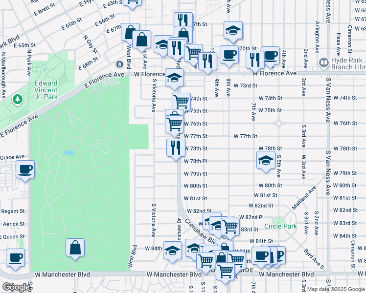 map of restaurants, bars, coffee shops, grocery stores, and more near 3321 West 78th Street in Los Angeles