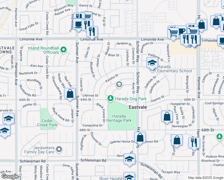 map of restaurants, bars, coffee shops, grocery stores, and more near 6559 Whitelily Street in Corona