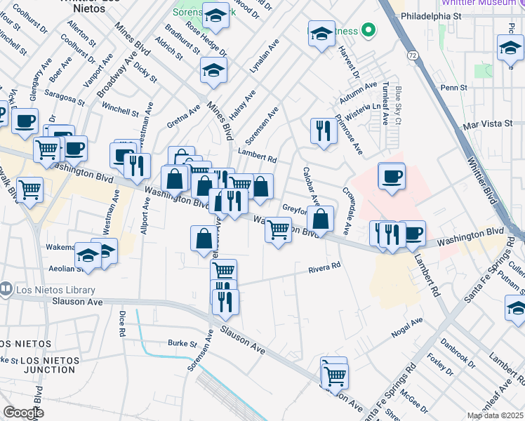 map of restaurants, bars, coffee shops, grocery stores, and more near 11919 Washington Boulevard in Whittier