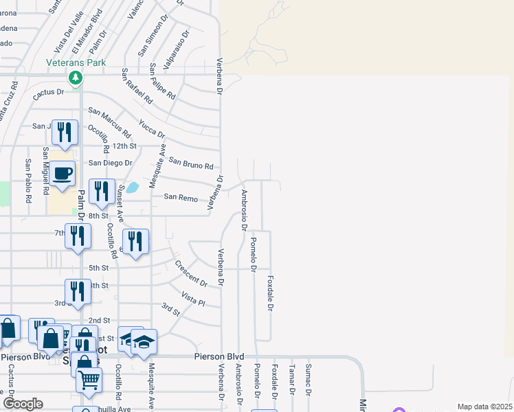 map of restaurants, bars, coffee shops, grocery stores, and more near 10865 Pomelo Drive in Desert Hot Springs