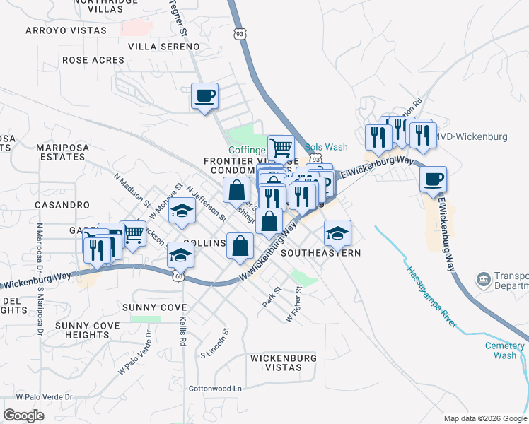 map of restaurants, bars, coffee shops, grocery stores, and more near 139 North Frontier Street in Wickenburg