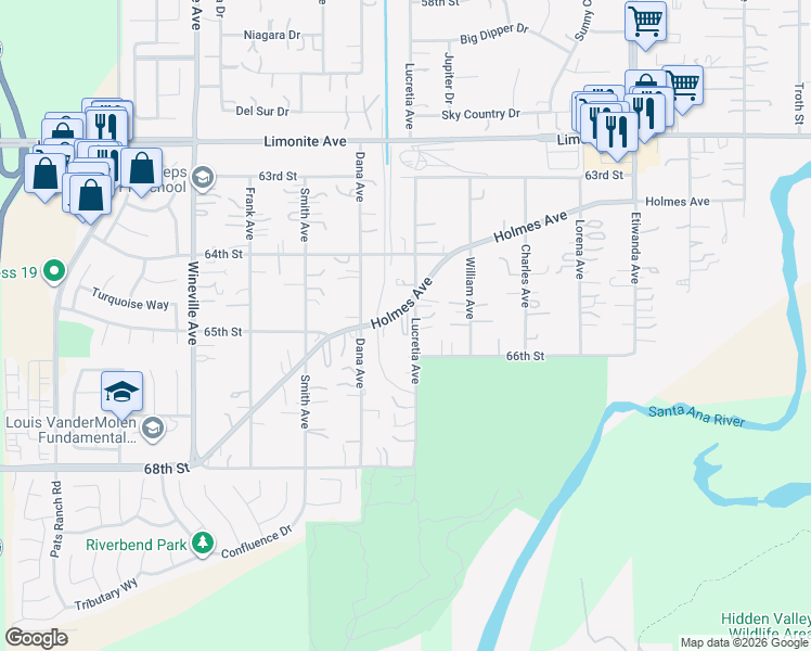 map of restaurants, bars, coffee shops, grocery stores, and more near 11432 Holmes Avenue in Jurupa Valley