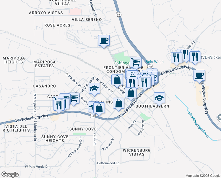map of restaurants, bars, coffee shops, grocery stores, and more near 91 West Yavapai Street in Wickenburg