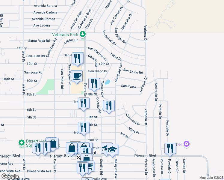 map of restaurants, bars, coffee shops, grocery stores, and more near 66718 8th Street in Desert Hot Springs