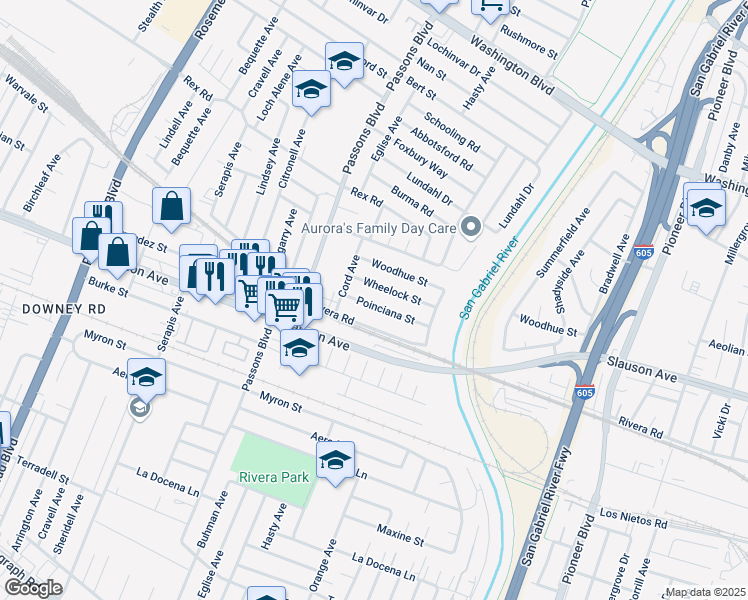 map of restaurants, bars, coffee shops, grocery stores, and more near 9522 Poinciana Street in Pico Rivera