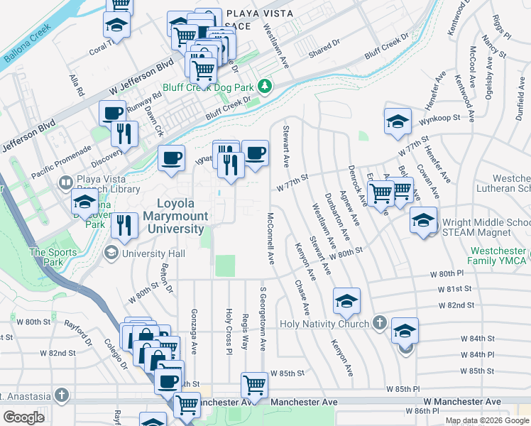 map of restaurants, bars, coffee shops, grocery stores, and more near 7809 McConnell Avenue in Los Angeles