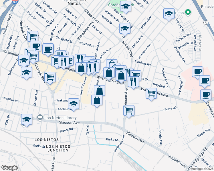 map of restaurants, bars, coffee shops, grocery stores, and more near 8035 Freestone Avenue in Santa Fe Springs