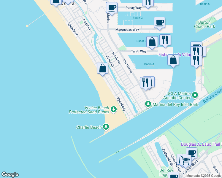 map of restaurants, bars, coffee shops, grocery stores, and more near 1 Spinnaker Street in Marina del Rey