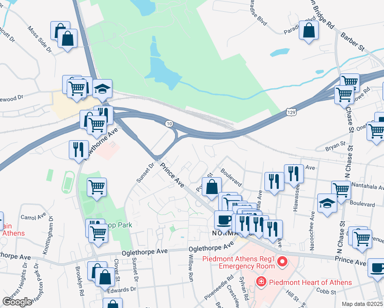 map of restaurants, bars, coffee shops, grocery stores, and more near 102 Sylvia Circle in Athens