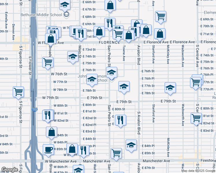 map of restaurants, bars, coffee shops, grocery stores, and more near 7711 San Pedro Street in Los Angeles