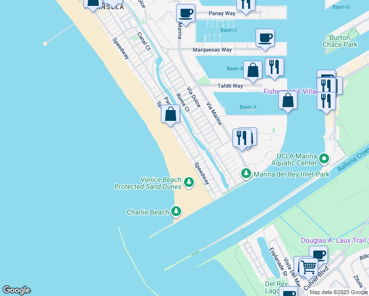 map of restaurants, bars, coffee shops, grocery stores, and more near 1 Spinnaker Street in Marina del Rey
