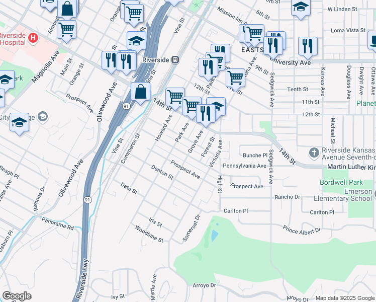map of restaurants, bars, coffee shops, grocery stores, and more near 2808 Pleasant Street in Riverside