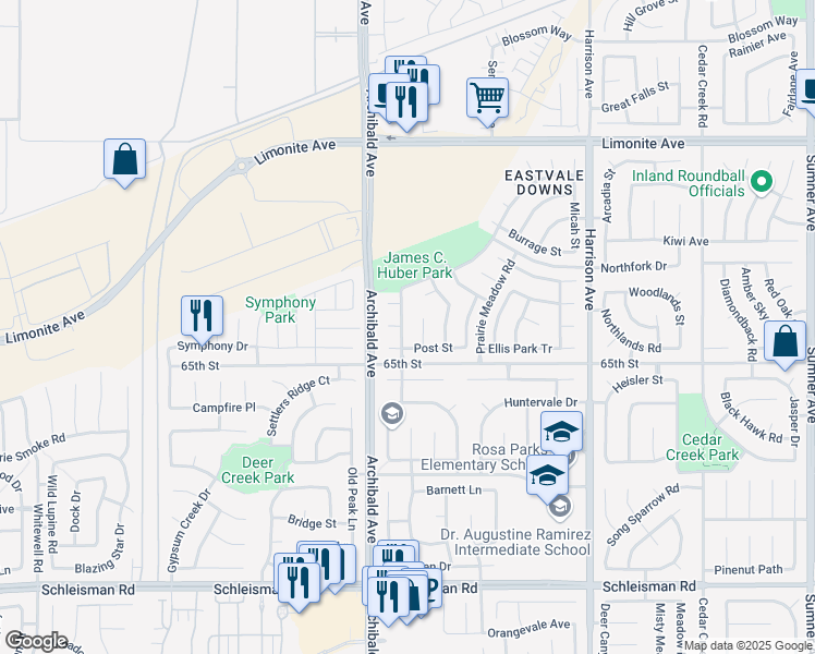map of restaurants, bars, coffee shops, grocery stores, and more near 6538 Long Branch Street in Corona