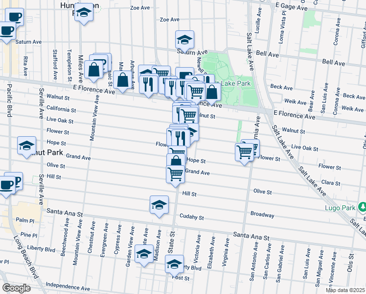 map of restaurants, bars, coffee shops, grocery stores, and more near 2526 Flower Street in Huntington Park