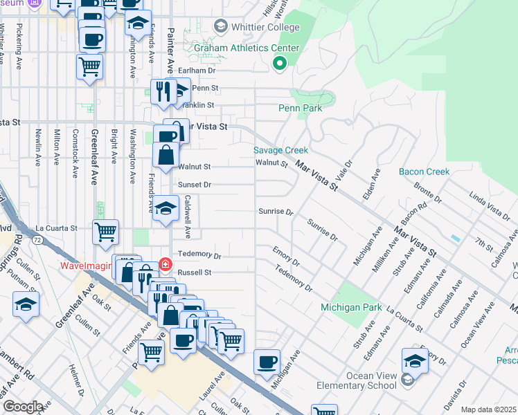 map of restaurants, bars, coffee shops, grocery stores, and more near 7928 College Avenue in Whittier