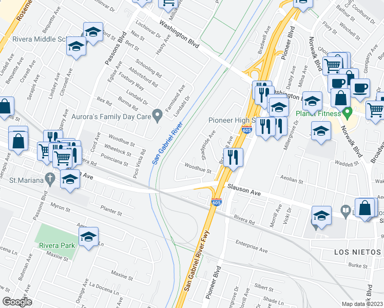 map of restaurants, bars, coffee shops, grocery stores, and more near 8403 Donnybrook Circle in Whittier