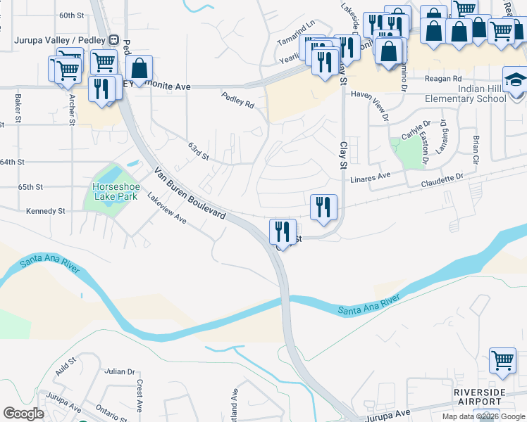 map of restaurants, bars, coffee shops, grocery stores, and more near 8564 Peachwillow Court in Jurupa Valley