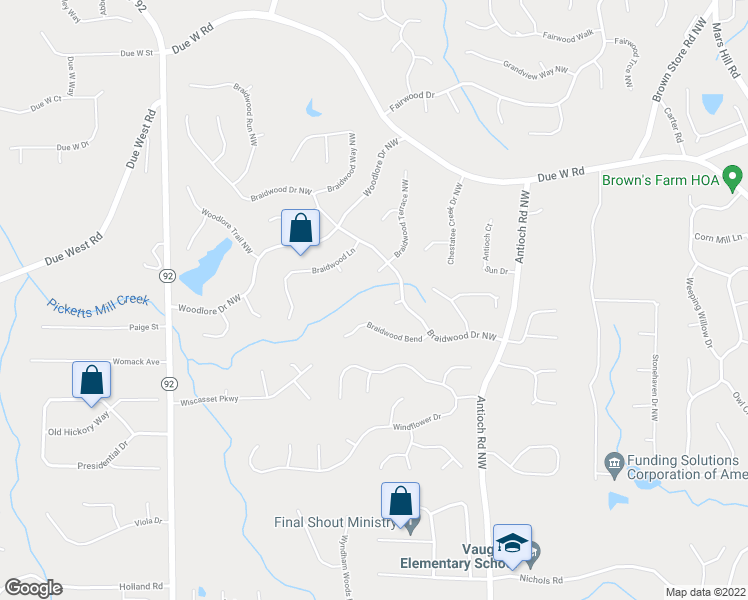 map of restaurants, bars, coffee shops, grocery stores, and more near 401 Braidwood Knolls in Acworth