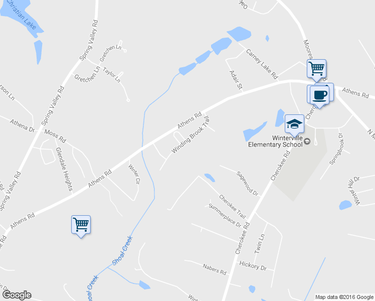 map of restaurants, bars, coffee shops, grocery stores, and more near 133 Winding Brook Trail in Winterville