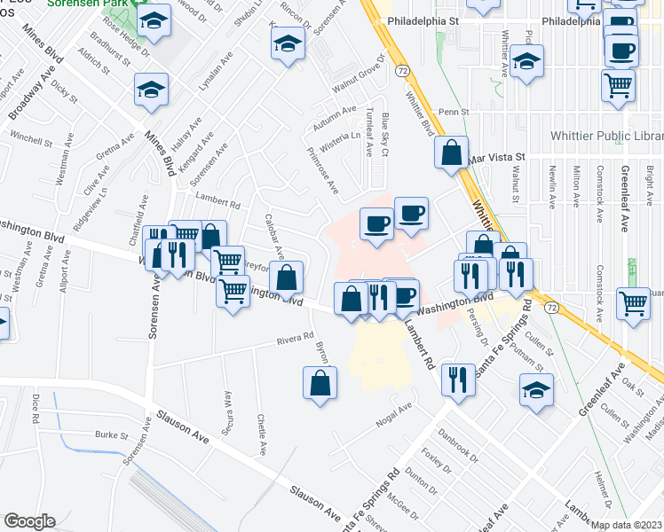 map of restaurants, bars, coffee shops, grocery stores, and more near 7918 Crowndale Avenue in Whittier