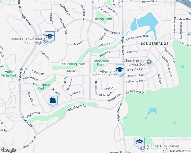 map of restaurants, bars, coffee shops, grocery stores, and more near 3881 Valle Vista Drive in Chino Hills